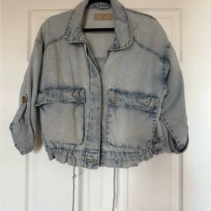 Blank NYC Light Blue Denim Utility Jacket with Drawstring